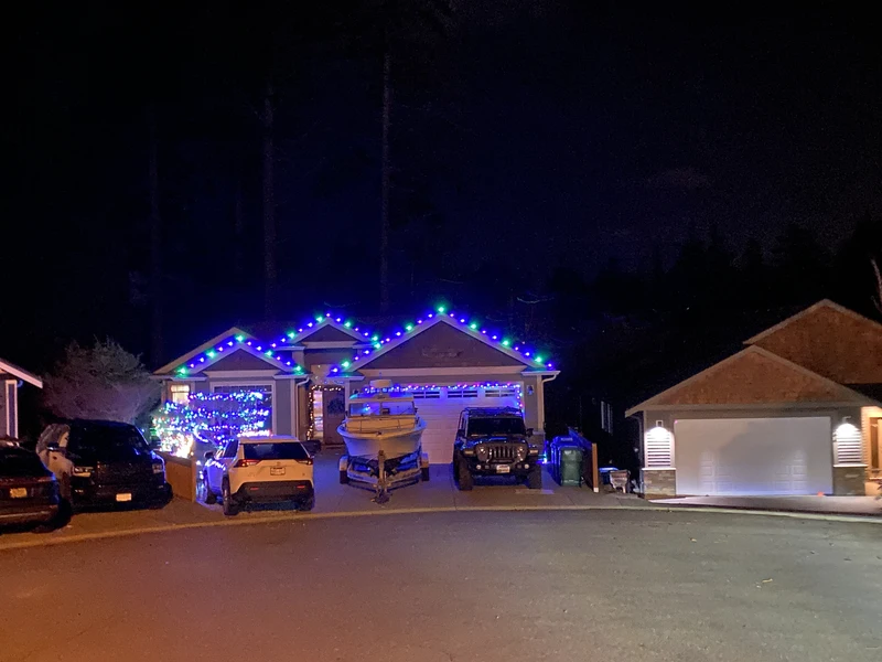 Residential holiday lighting display in Nanaimo, BC with vibrant LED lights.